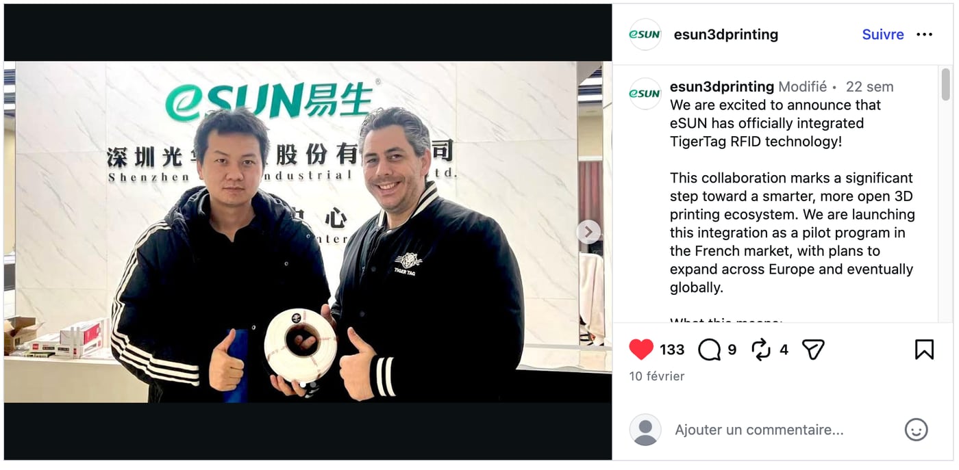 eSUN's own Instagram announcement of TigerTag integration