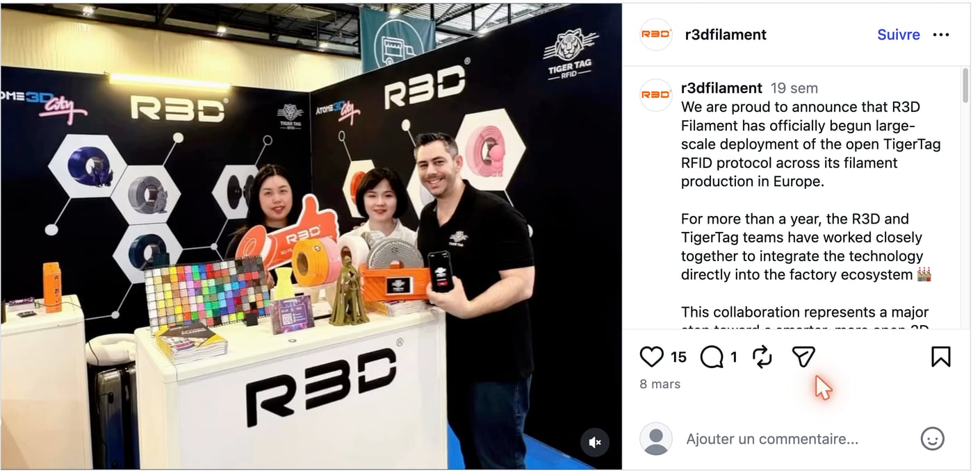 R3D Filament's own Instagram announcement of TigerTag deployment
