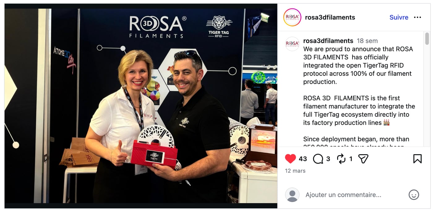 Rosa3D's own Instagram announcement of TigerTag integration