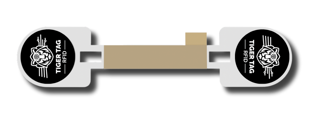 The TigerTag carrier, front face — the two branded chips and the 3M 468MP/200MP adhesive strip