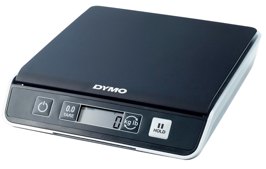 The DYMO M5 — a USB HID postal scale, power/tare/hold buttons and a small LCD