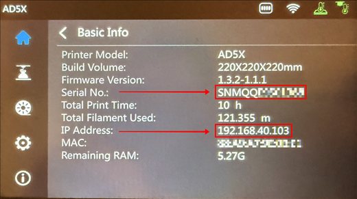 FlashForge touchscreen — Basic Info page