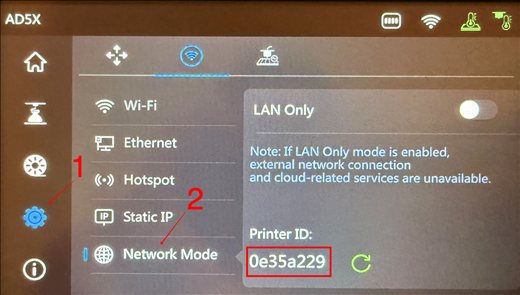FlashForge touchscreen — Network Mode page
