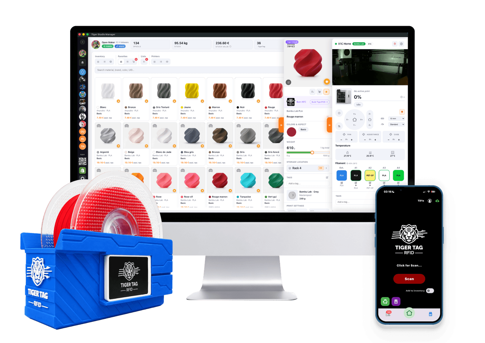 Tiger Studio on a desktop beside the mobile app and a TigerPOD reader — the ecosystem working together