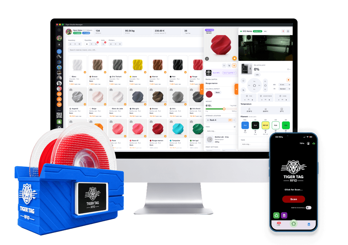 Tiger Studio on a desktop, a TigerPOD reader holding a tagged spool, and the mobile app