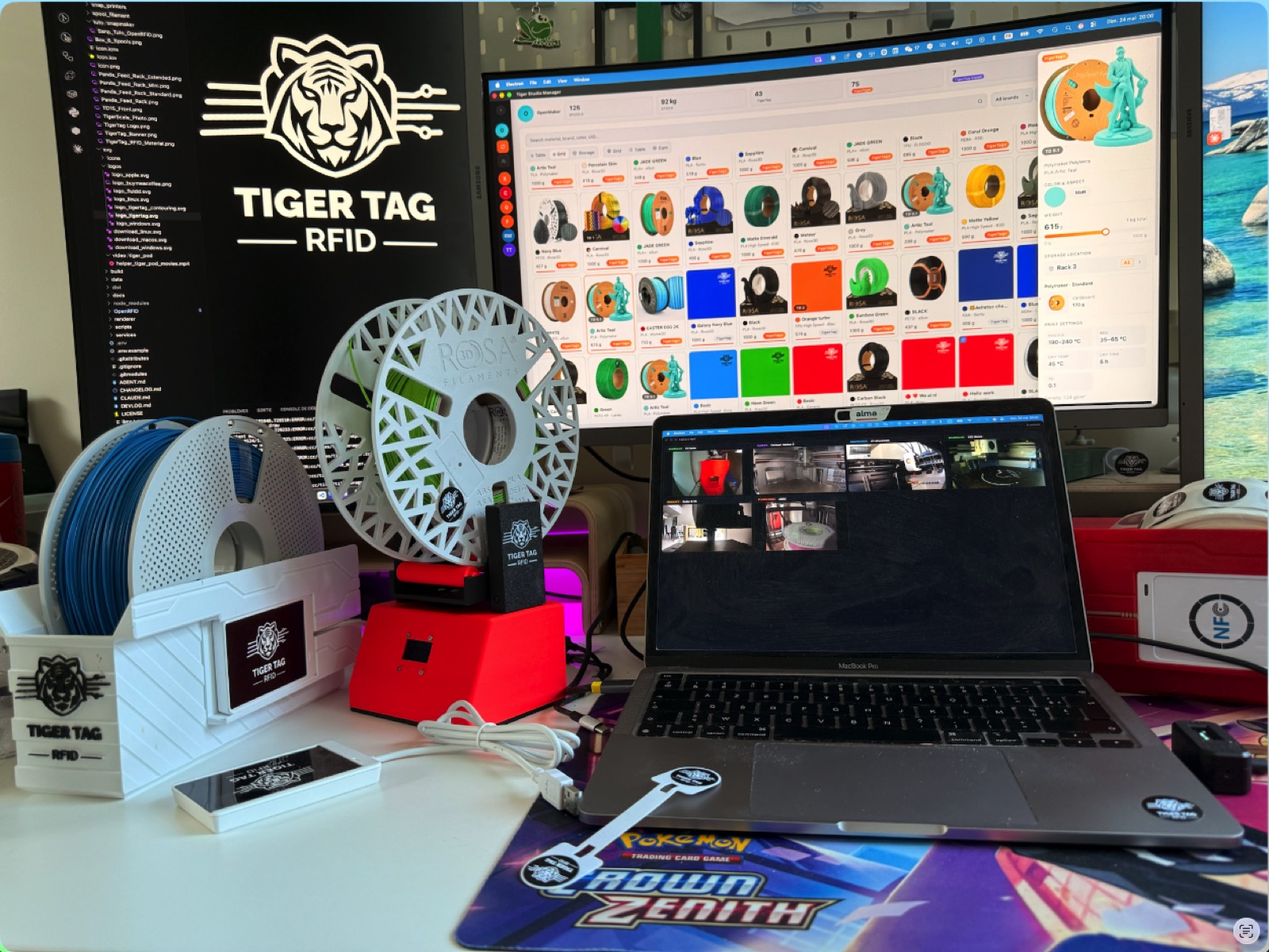 A real TigerSystem bench — Tiger Studio Manager, TigerScale, a TD1S colour sensor, an ACR122U reader and a TigerPOD