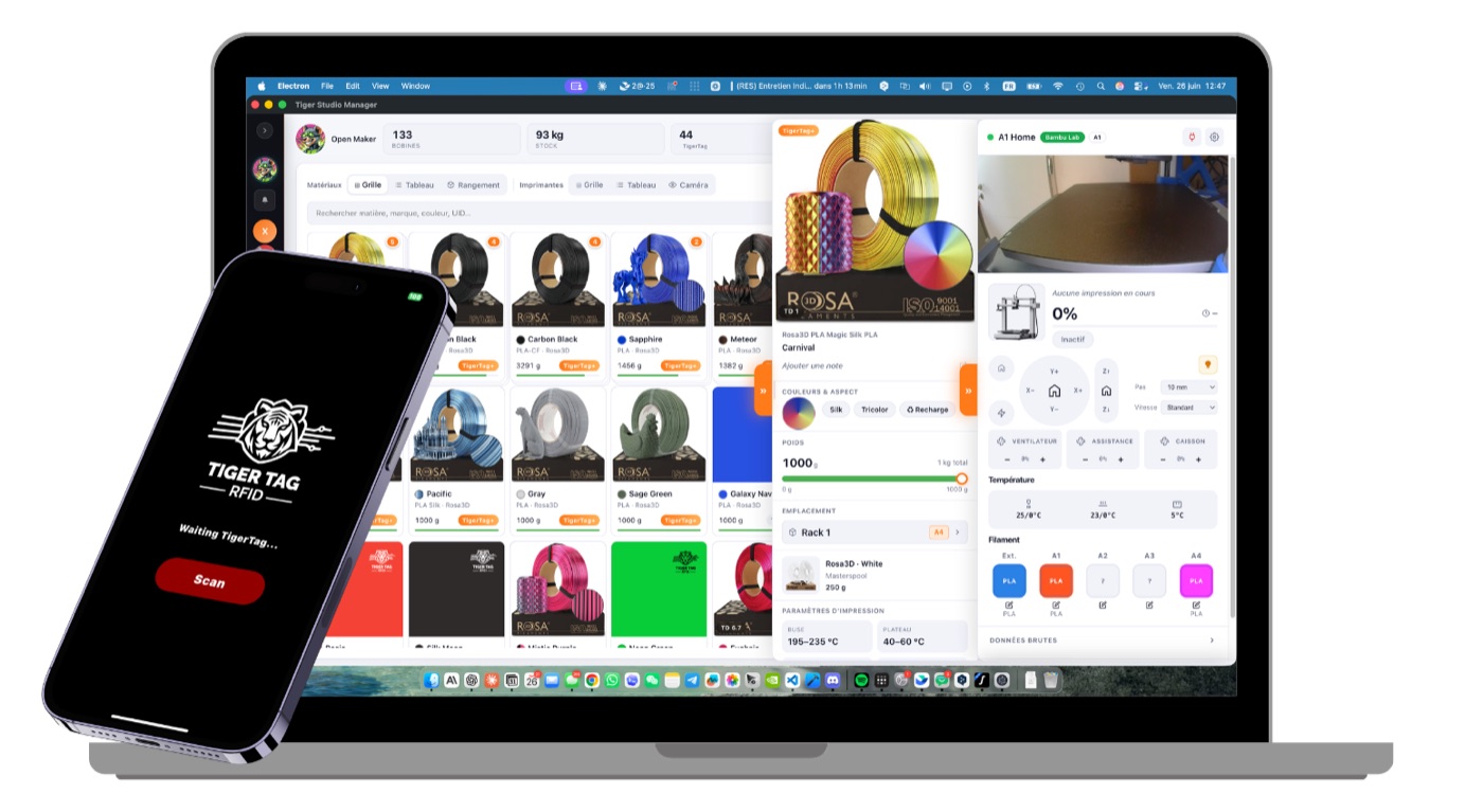 Tiger Studio on desktop and Tiger NFC Connect on mobile, same account, same data