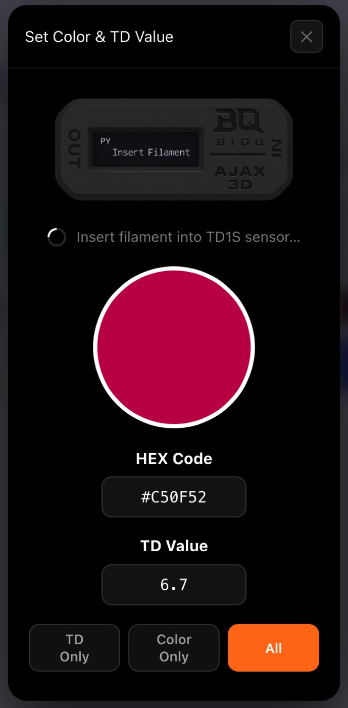 The TD1s integrated in Tiger Studio — measured color and TD flowing into the spool's profile