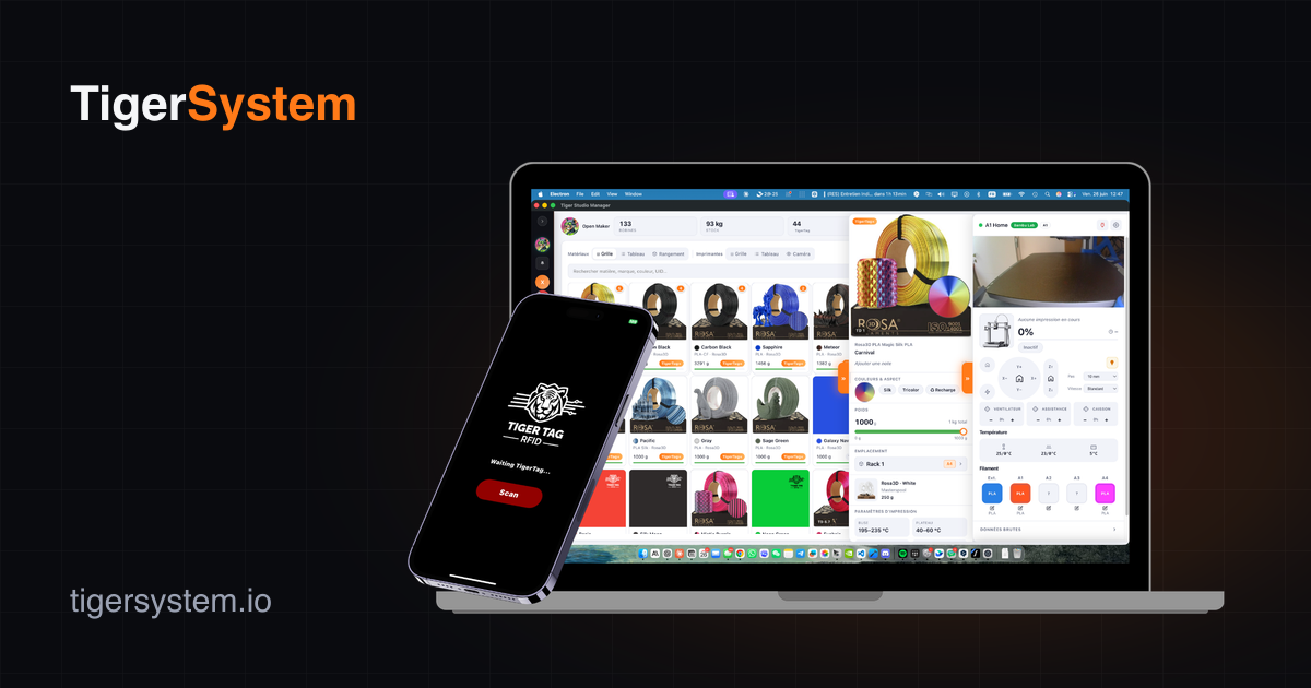 tigersystem.io — the TigerSystem web home, with the mobile app scanning in front of Tiger Studio