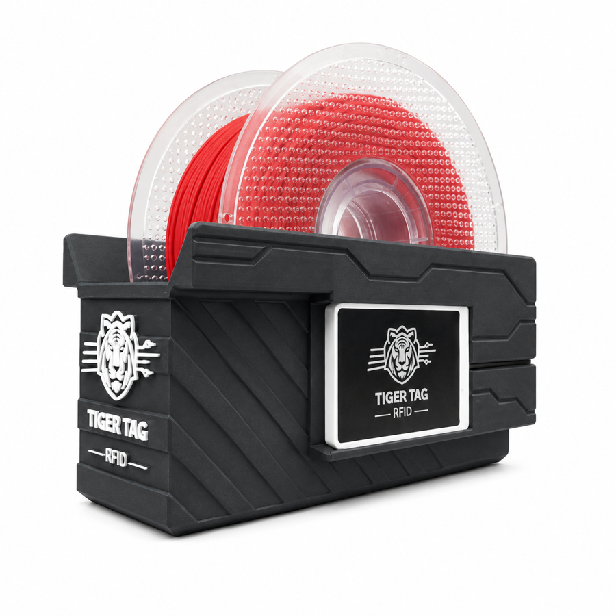 A grey TigerPOD holding a red filament spool
