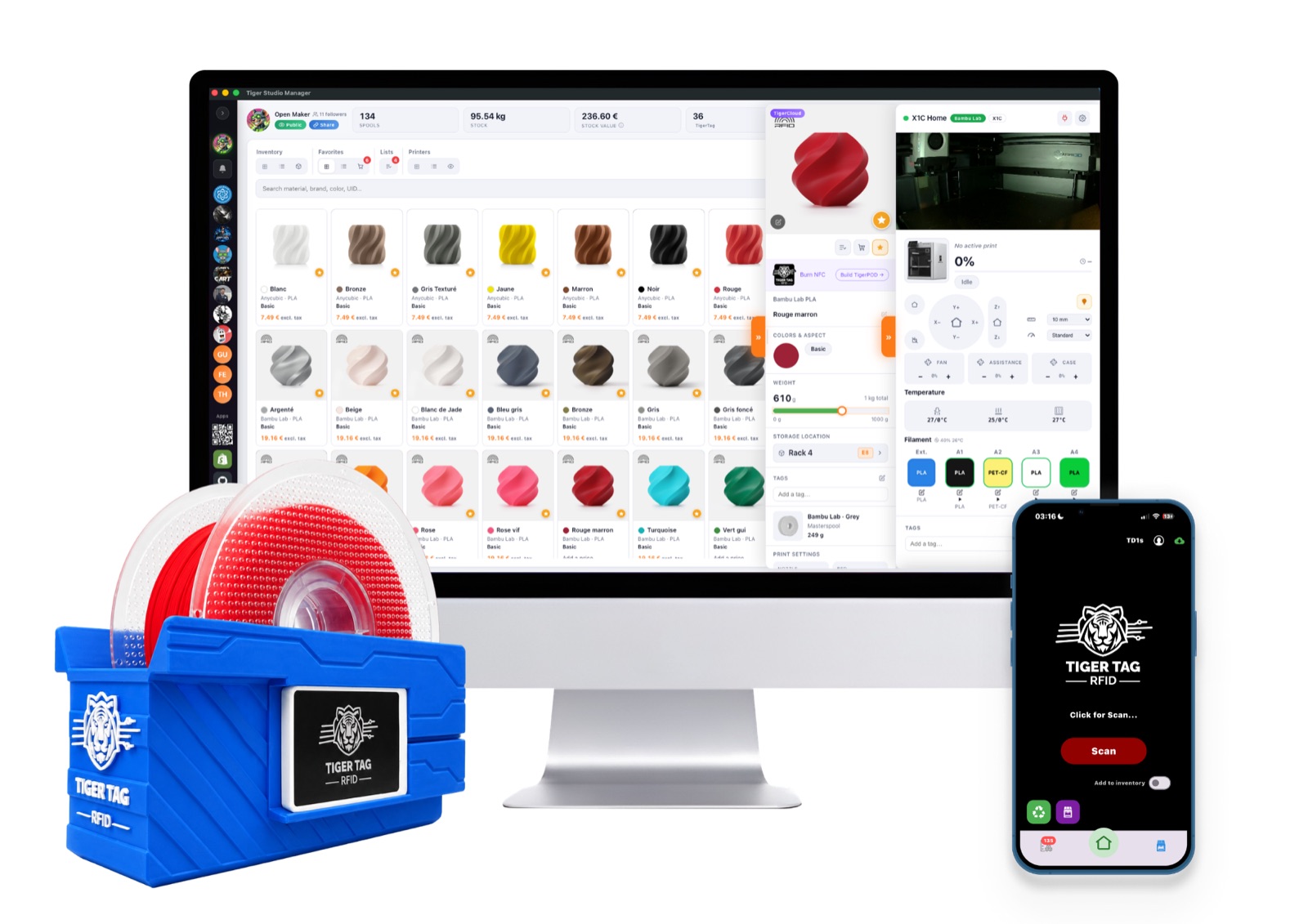 L'écosystème TigerSystem — le TigerPOD, Tiger Studio Manager sur ordinateur et l'application mobile Tiger NFC Connect