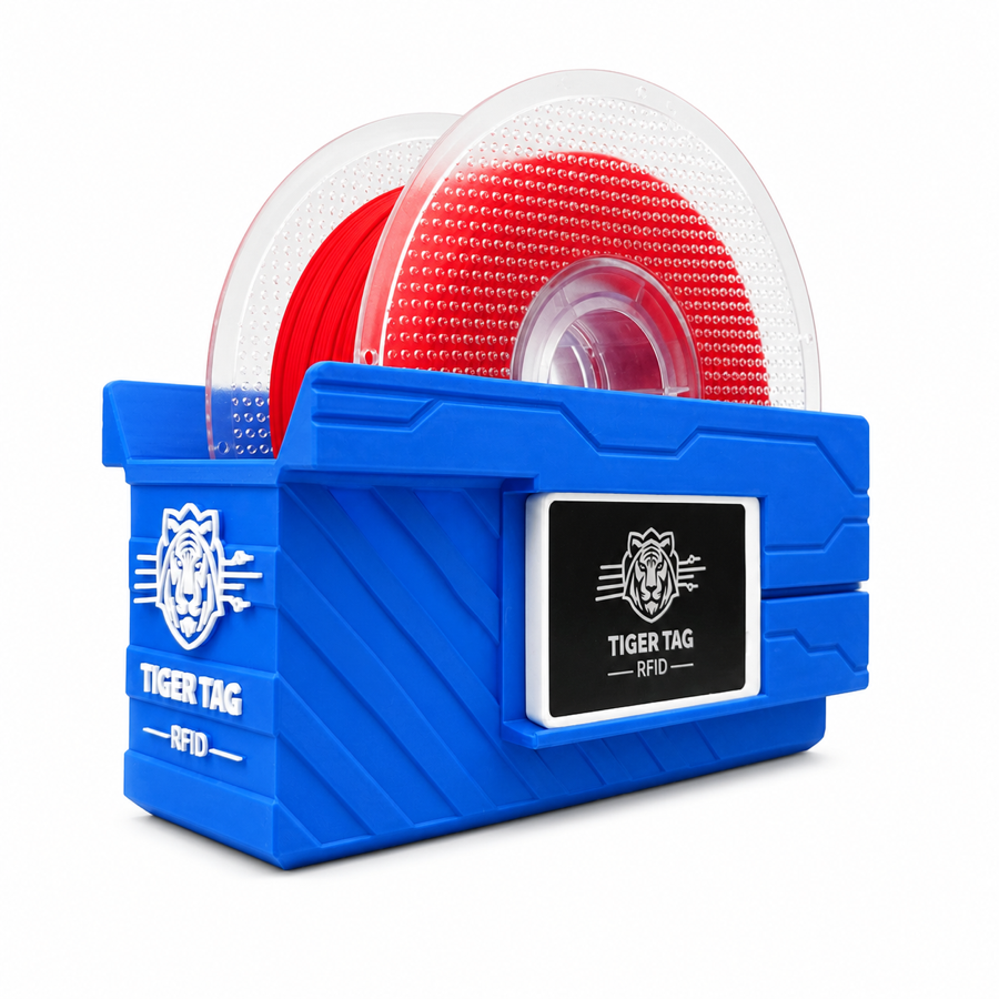 A blue TigerPOD holding a red filament spool