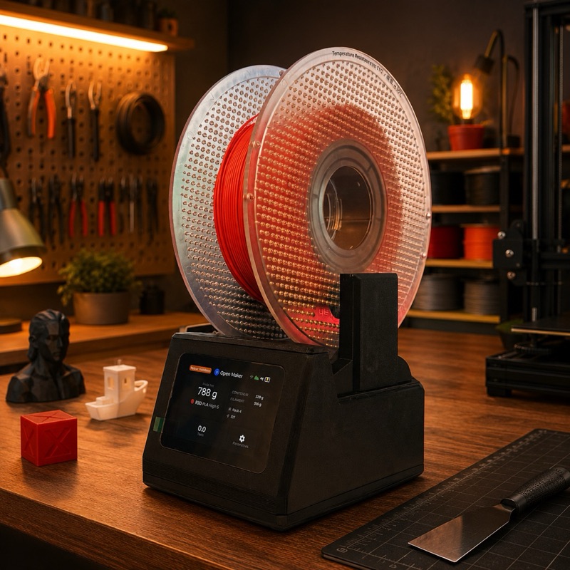 A TigerScale V3 on a maker's bench, a spool resting on it