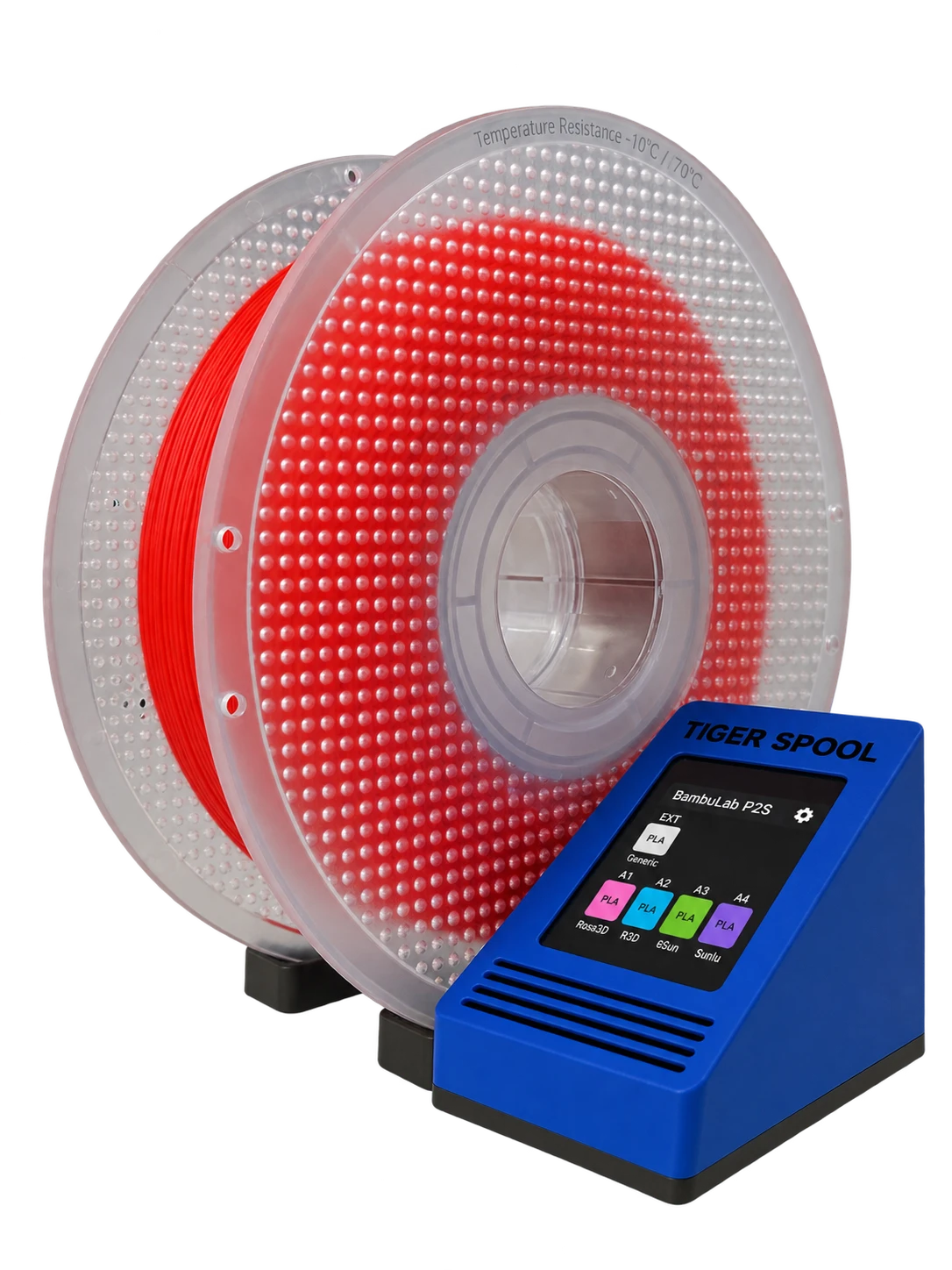 A TigerSpool beside a filament spool, its screen listing the printer's slots with the brand loaded in each