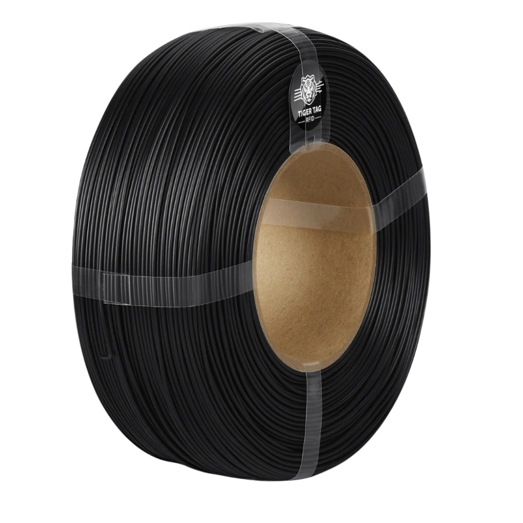 Black filament refill on a cardboard core, carrying its TigerTag NFC chip